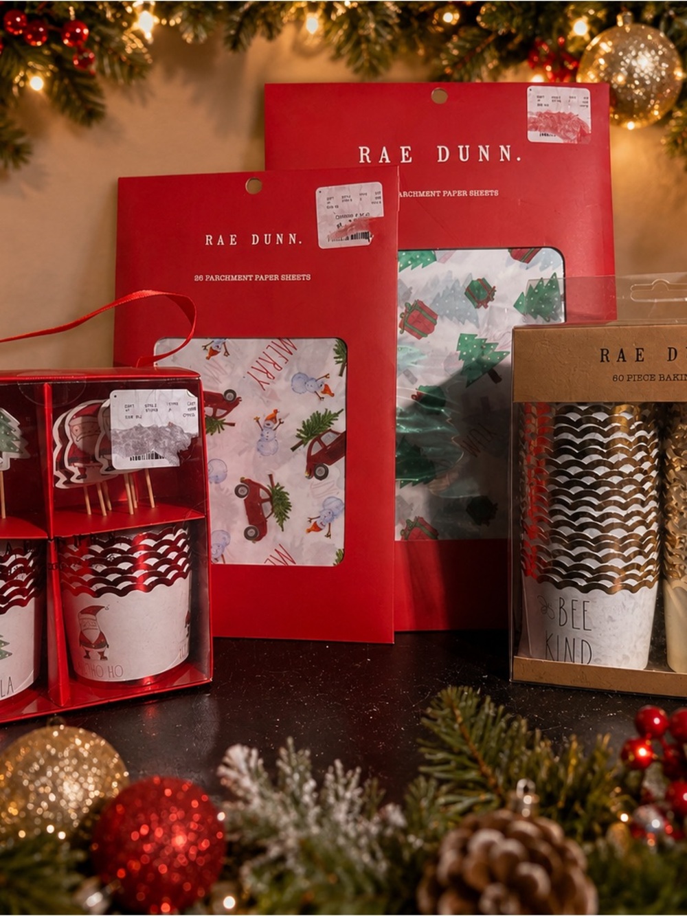 Rae Dunn Red and Gold Holiday Baking Set - Festive Cake Toppers & Cups